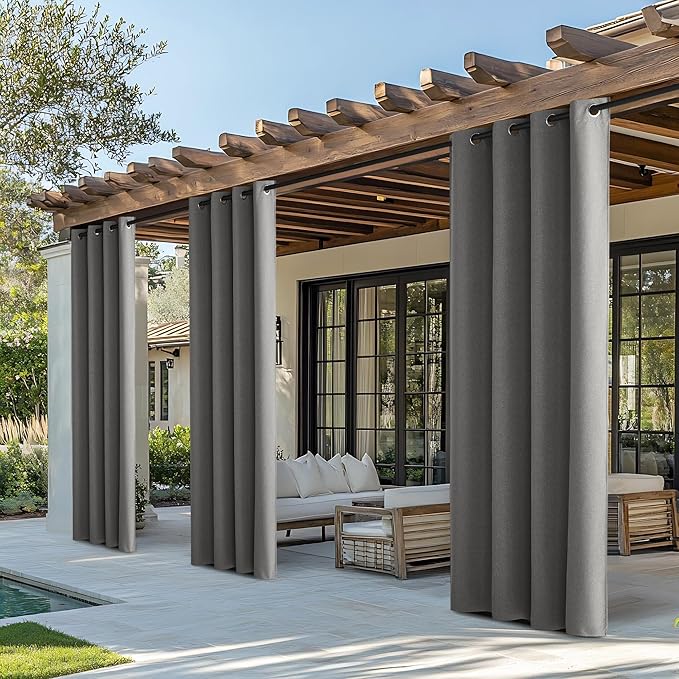 NICETOWN Blackout Outdoor Curtains for Patio Waterproof, 2 Panels 100% Light Blocking Linen Curtains Weatherproof, Indoor/Outside Privacy Sun Shades for Gazebo, Porch, Balcony, W52 x L84 inch, Grey