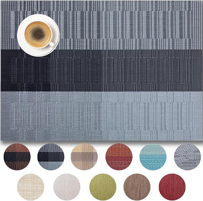 Placemats Set of 6 - Easy Clean Woven Vinyl Placemats for Dining Table, Indoor/Outdoor Place Mats, Washable PVC Table Mats （Silver Gray Black）