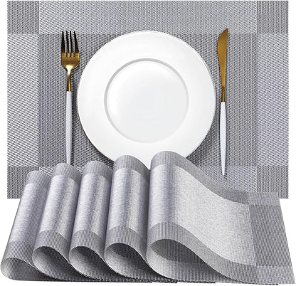 Placemats Set of 12 - Easy Clean Woven Vinyl Placemats for Dining Table, Indoor/Outdoor Place Mats, Washable PVC Table Mats （Silver Cube）