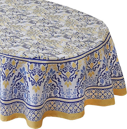 Home Bargains Plus Oval Fabric Tablecloth, 60 x 84 Inch, Allure Yellow and Blue Floral Bordered Print, Indoor Outdoor Stain and Water Resistant Table Cloth, Provence French Country