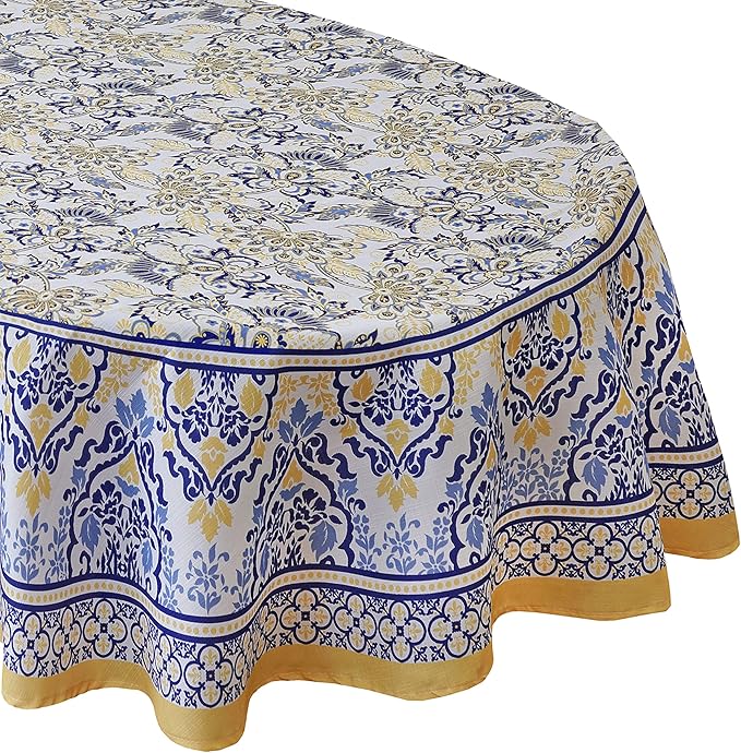 Home Bargains Plus Oval Fabric Tablecloth, 60 x 102 Inch, Allure Yellow and Blue Floral Bordered Print, Indoor Outdoor Stain and Water Resistant Table Cloth, Provence French Country