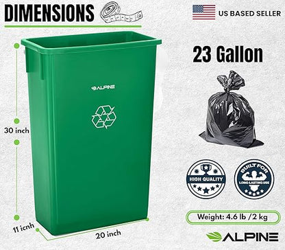 Alpine 23 Gallon Slim Trash Can - Open Top 3 Pack Slender Green Recycle Bin - Heavy Duty Plastic Garbage Bin for Homes, Offices and Other Commercial Space