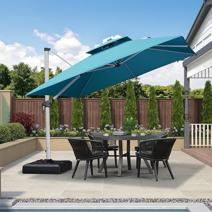 PURPLE LEAF Cantilever Patio Umbrellas 10' x 10' Double Top, Turquoise Blue | - Image 3