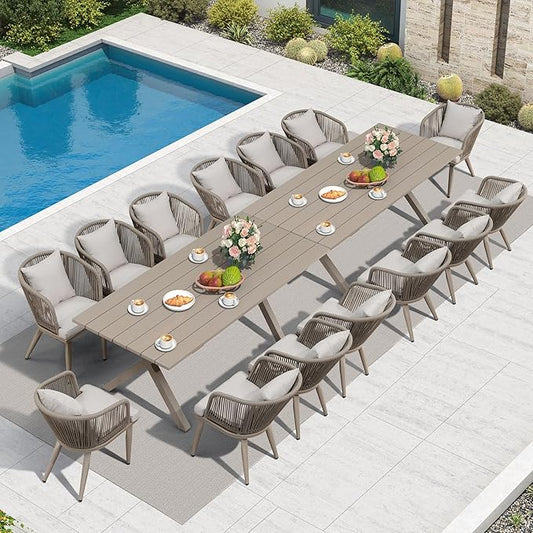 PURPLE LEAF 16 Pieces Patio Dining Set Wicker Outdoor Furniture Rectangular Table and Chairs Set for Garden Deck Aluminum Frame Backyard Kitchen Set, Cushions and Pillows Included Champagne