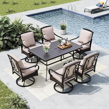 MFSTUDIO 7 Piece Outdoor Patio Dining Sets with Swivel Chairs, Metal Rectangular Table & 6 Swivel Chairs with Cushions, All Weather Patio Furniture Set for 6, Deck, Garden