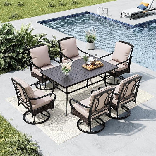 MFSTUDIO 7 Piece Outdoor Patio Dining Sets with Swivel Chairs, Metal Rectangular Table & 6 Swivel Chairs with Cushions, All Weather Patio Furniture Set for 6, Deck, Garden