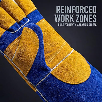 RAPICCA Welding Gloves Fire Heat Resistant: Blue 16IN 932℉ - Fireproof Leather For Stick Mig Flux-Core Welder Forge Blacksmith Fireplace Wood Stove Fire Pit Grill Oven Furnace Handling Dry Ice