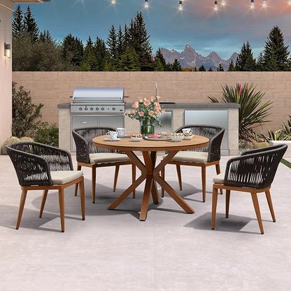 PURPLE LEAF 5 Pieces Outdoor Round Dining Set Patio Oversize Table and Chairs Set Aluminum Rattan Wicker Patio Furniture Set for Lawn Backyard Deck Brown