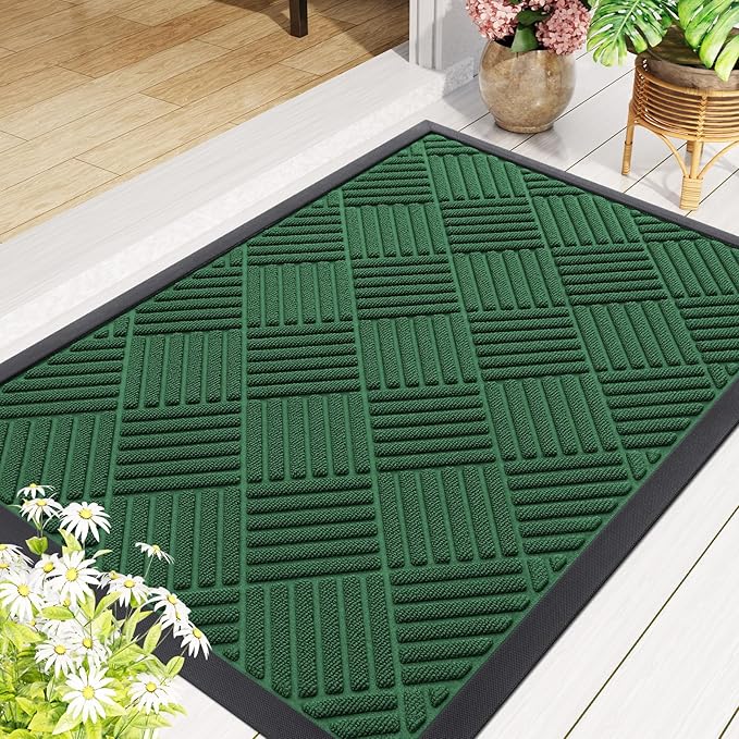 Smiry Front Door Mat Outside Entrance, Heavy Duty Outdoor Indoor Natural Rubber Doormat, Non Slip, Trap Dirt and Moisture, Easy Clean, Low Profile Patio Porch Entryway Mat, 59x23, Green
