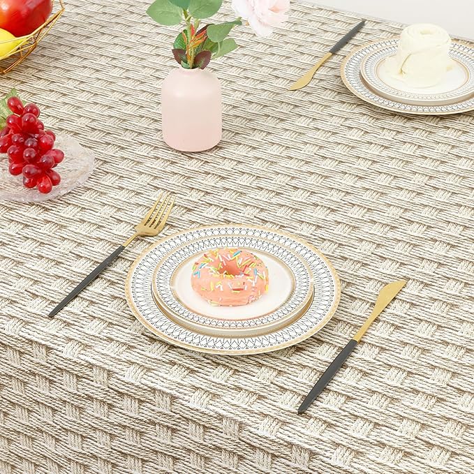 misaya Rectangle Waterproof Vinyl Table Cloth, Wipeable Tablecloth with Flannel Backing, Plastic Table Cover for Dinner, Picnic, Indoor and Outdoor (Weave, 60" x 84")