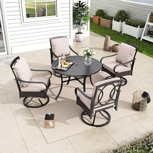 MFSTUDIO Patio Dining Sets with Swivel Chairs, Round Patio Table and Chairs, 5 Pieces Outdoor Furniture Set for 4, All Weather 42’’ Dining Metal Table for 4 & Brown Wicker Chair