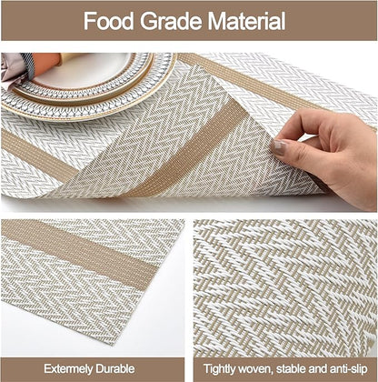 SLKQG Beige White Placemats Set of 4 - Easy Clean Modern Washable Plastic Place Mats - Heat Resistant Placemats for Kitchen Table - PVC Table Mats for Dining Table(Beige White with Stripes, 4)