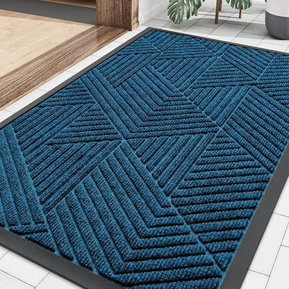 Smiry Front Door Mat Outside Entrance, Heavy Duty Sturdy Natural Rubber Doormat, Trap Dirt and Moisture, Easy Clean Low Profile Mats for Indoor Outdoor Entry, Irregular Triangle (36x24, Mixed Blue)