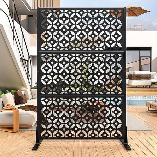 Metal Privacy Screen Outdoor, 72" H Freestanding Privacy Fence with Sturdy Stands, Decorative Privacy Panels Shield for Courtyard, Balcony, Garden and Other Indoor Places (Cross-Shaped)