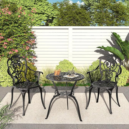 Patio Bistro Set of 2, Cast Aluminum, Outdoor Set w/Umbrella Hole, 3 Piece Table and Chairs Set, Bistro Set for Backyard/Garden/Lawn, Black