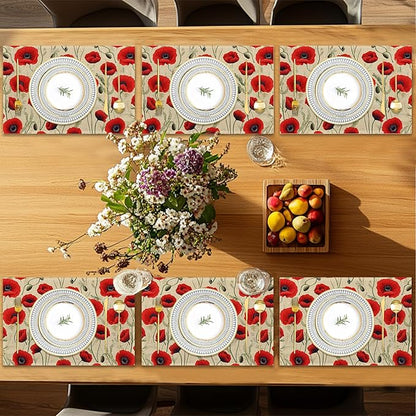 Poppy Flowers Placemats Set of 6,Red Bright Table Mates Non-Slip Heat Resistant Washable Linen Place Mats for Party Kitchen Dining Decoration Indoor Outdoor 12"x18"