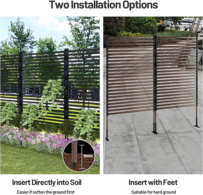 Outdoor Privacy Screen Fence with Feet Stand 4FT x 6FT, Freestanding Fence Privacy Screen for Outside, Metal Pipes and Slats Panels Divider Stake for Garden Patio Balcony Backyard Brown