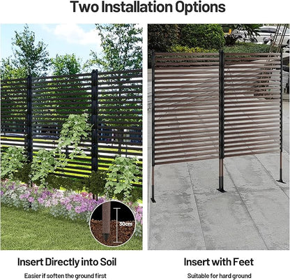 Outdoor Privacy Screen Fence with Feet Stand 4FT x 6FT, Freestanding Fence Privacy Screen for Outside, Metal Pipes and Slats Panels Divider Stake for Garden Patio Balcony Backyard Brown