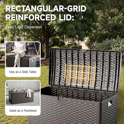 80 Gallon Deck Box, Double Layer Waterproof Resin Outdoor Indoor Storage Box, Lockable & UV Resistant Storage Bin for Patio Furniture, Garden Tools, Pool Accessories (Brown)