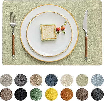 Romanstile Vinyl Placemats Set of 6-12 X 17 Inch - Heat Resistant Place Mats 100% Waterproof Oilproof Wipeable Reversible Faux Leather Table Mats for Kitchen, Dining, Party, Outdoor, Grass Green