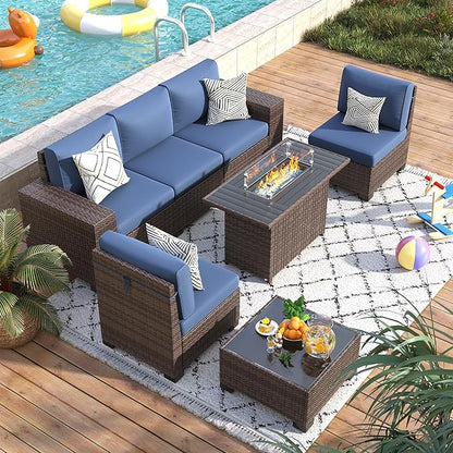 7 Piece Patio Furniture Set with Fire Pit Table, Outdoor Conversation Sets Wicker Rattan Sectional Sofa with Coffee Table, 4'' Thickened Cushion Navy Blue (Include Waterproof Cover)