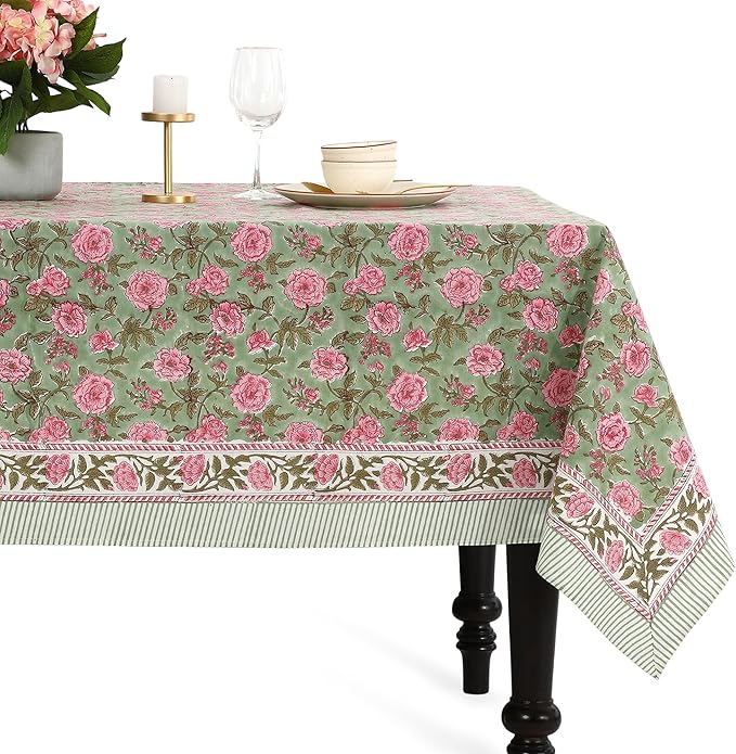 CPC Tablecloth 100% Cotton 70x118 Inch Indian Block Print Rectangle Table Cover, Table Cloth for Weddings, Spring/Summer, Barbeque - Pink Tourmaline