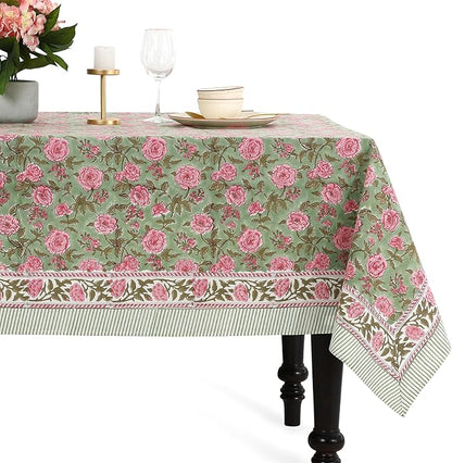 CPC Tablecloth 100% Cotton 70x108 Inch Indian Block Print Rectangle Table Cover, Gray Table Cloth for Weddings, Spring/Summer, Barbeque - Pink Tourmaline