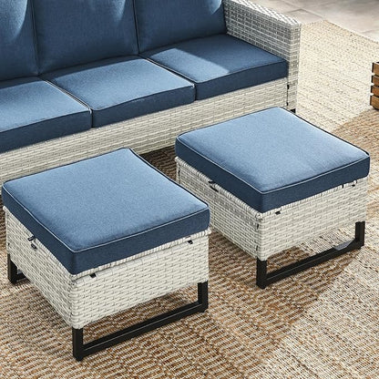 HUMMUH Outdoor Ottomans for Patio Set of 2 PE Wicker Outdoor Footstool with Removable Weather-Resistant Cushions for Patio, Backyard Light Grey Blue