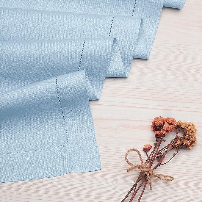 D'Moksha Homes Linen Powder Blue Table Runner 84 Inches Long - 100% Pure Linen Table Runner 14 x 84 Inch for Spring, Easter - Classic Hemstitch