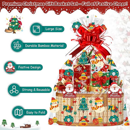 2 Set Baskets for Gifts Empty, Large Bamboo Christmas Gift Baskets with Handle, Foldable Woven Holiday Baskets for Gifts, DIY Gift Wrapping Set, Reusable Decorative Xmas Basket Kit