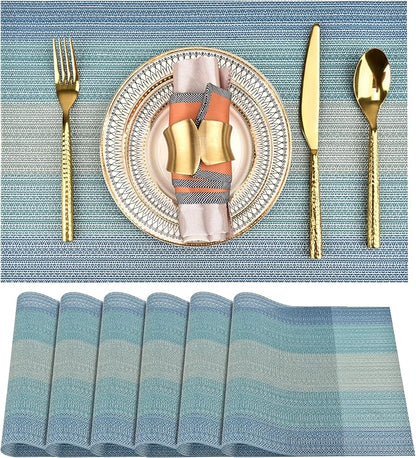 SLKQG Placemats Set of 6 - Easy Clean Washable Vinyl Placemats - Wipeable Heat Resistant Table Mats for Dining Table - 17.7x11.8 Inch (6, Blue Gradient)