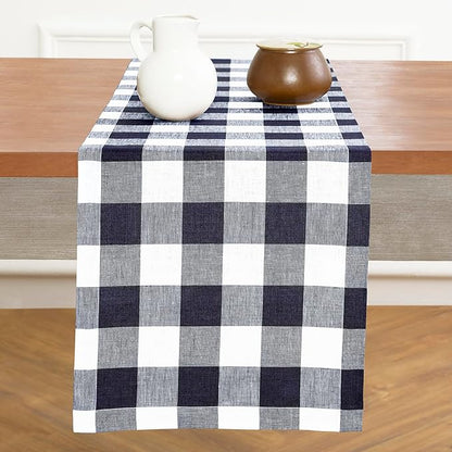 Solino Home Checkered Linen Table Runner 60 Inches - 100% Pure Linen Navy and White Buffalo Check Table Runner 14 x 60 Inch Ideal for Dresser and Coffee Tables - Winter