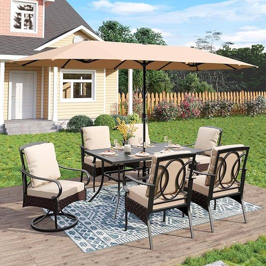 PHI VILLA Outdoor Dining Set for 6, All-Weather Patio Table and Chairs Set for 6 with Umbrella, Heavy Duty Rectangle Patio Table Set, Large Outdoor Chairs with Thick Cushions, 2 Swivel