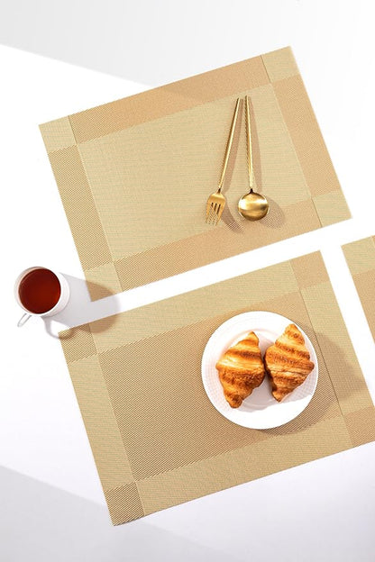 LEXMORE Placemats Set of 8 Vinyl/Plastic Woven Place Mats for Kitchen Table Indoor/Outdoor Washable Placemat Wipeable Dining Table Mats(Gold Cube)