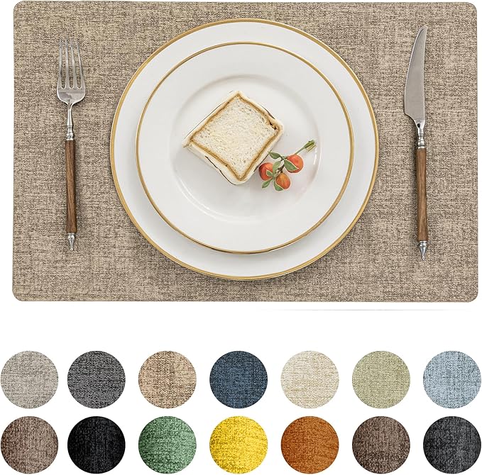 Romanstile Vinyl Placemats Set of 12-12 X 17 Inch - Heat Resistant Place Mats 100% Waterproof Oilproof Wipeable Reversible Faux Leather Table Mats for Kitchen, Dining, Party, Outdoor, Khaki