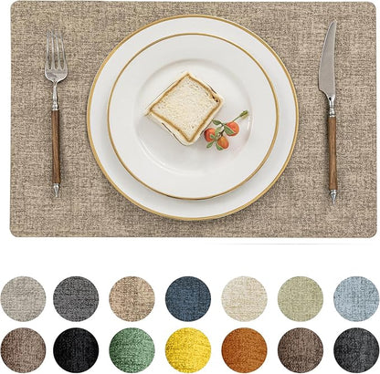 Romanstile Vinyl Placemats Set of 4-12 X 17 Inch - Heat Resistant Place Mats 100% Waterproof Oilproof Wipeable Reversible Faux Leather Table Mats for Kitchen, Dining, Party, Outdoor, Khaki