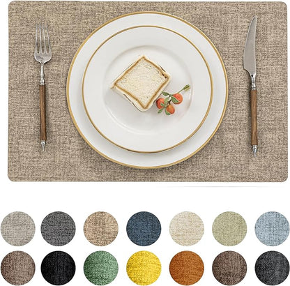 Romanstile Vinyl Placemats Set of 8-12 X 17 Inch - Heat Resistant Place Mats 100% Waterproof Oilproof Wipeable Reversible Faux Leather Table Mats for Kitchen, Dining, Party, Outdoor, Khaki