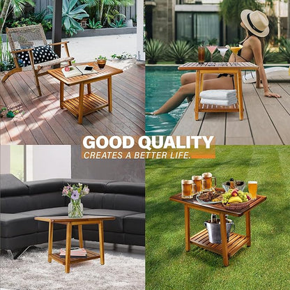 ENKEZI Acacia 24 Inches Outdoor Side Table, 2-Tier Sturdy Patio, End Table Weather Resistant, Strong Stability Side Table for Patio, Pool, Porch, Teak Finish (Acacia Brown)