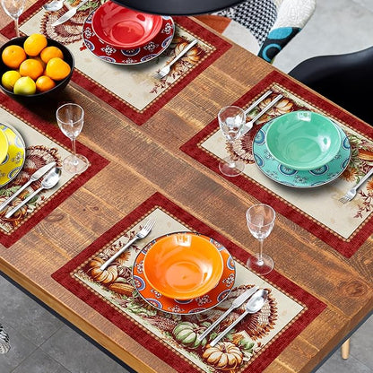 Giwawa 4PCs Thanksgiving Placemats 12x18 Inch Fall Harvest Turkey Autumn Pumpkin Sunflowers Corn Place Mat Non Slip Heat Resistant Table Mats for Kitchen Dining Tabletop Holiday Farmhouse Decor