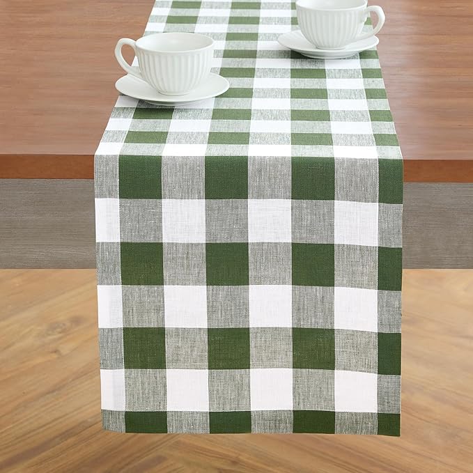 Solino Home Linen Table Runner 144 Inches Long - 100% Pure Linen Buffalo Check Olive and White Table Runner 14 x 144 Inch Ideal for Dining, Spring, St Patricks Day, Easter