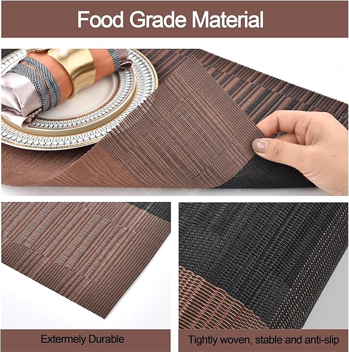 SLKQG Brown Placemats Set of 8 - Easy Clean Modern Durable Washable Vinyl Place Mats - Heat Resistant Placemats for Kitchen Table - PVC Table Mats for Dining Table (Brown Black, 8)