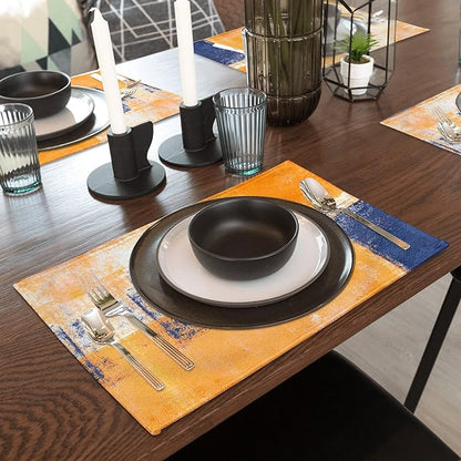 Modern Art Placemats Set of 4 Yellow Abstract Painting Place Mats Washable Linen Blue Placemat for Kitchen Dining Table Home Dinner Party Decor 18x12 Inches