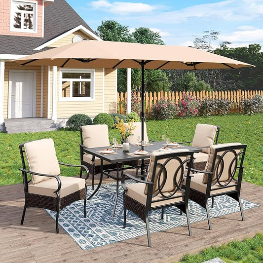 PHI VILLA Outdoor Dining Set for 6, All-Weather Patio Table and Chairs Set for 6 with Umbrella, Heavy Duty Rectangle Patio Table Set for Deck, 6 Large Outdoor Stationary Dining Chairs with Cushions