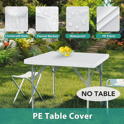 LUSHVIDA 2 Packs Vinyl Card Tablecloth with Flannel Backing 34x34 inch - Waterproof Plastic Picnic Table Cover for Square Folding Table Cloth with Elastic Corners, White
