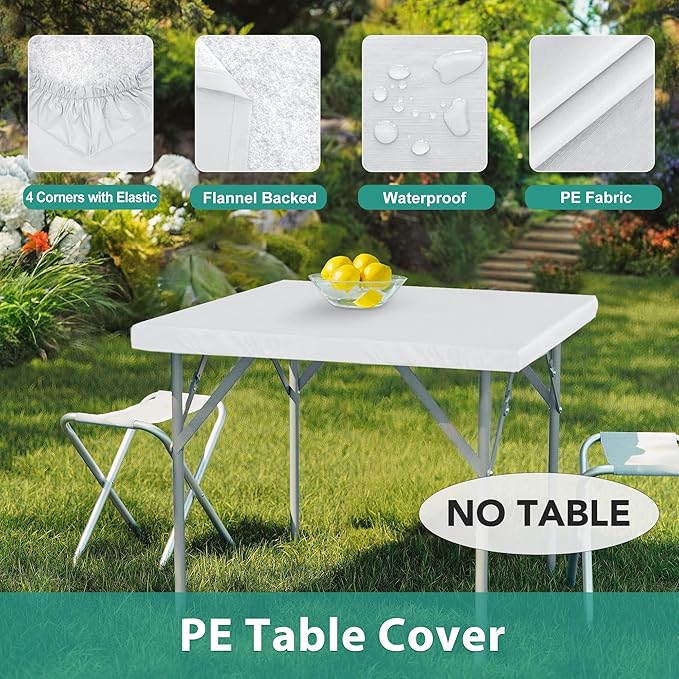 LUSHVIDA 2 Packs Vinyl Card Tablecloth with Flannel Backing 48x48 inch - Waterproof Plastic Picnic Table Cover for Square Folding Table Cloth with Elastic Corners, White