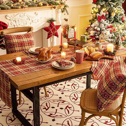 Red Plaid Snowflake Christmas Table Runner, Winter Holiday Table Runners 108 inches Long Xmas Decorations Indoor Outdoor Farmhouse Home Kitchen Dining Party Decor