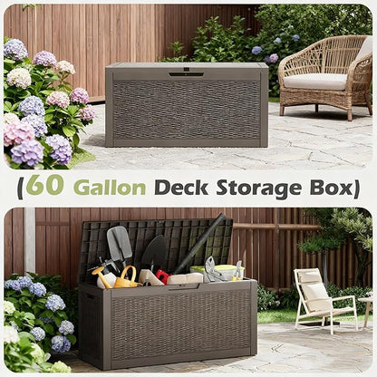 60 Gallon Outdoor Storage Deck Box Waterproof,Large Resin Storage Container for Outside,Patio Accessories for Outsid,Backyard Delivery Boxes,Lockable Lid,Rattan Gray