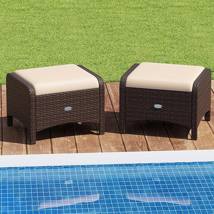 Tangkula 2 Pieces Outdoor Patio PE Wicker Ottomans with Removable Cushions, Outdoor Furniture for Additional Seating, Footrest and Side Table, Outdoor Footstools for Porch, Garden and Backyard