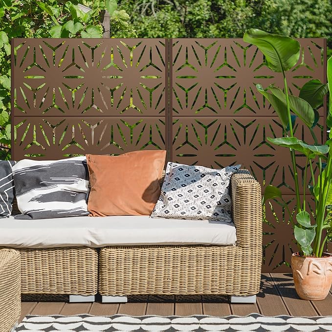Metal Privacy Screen Outdoor 72" H×47" W,Freestanding Decorative Privacy Screen for Balcony Yard&Garden,Privacy Fence-Brown&Star