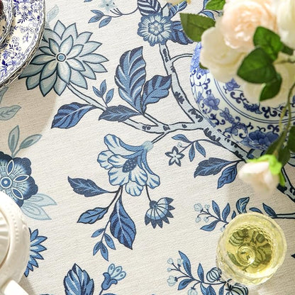 Vintage Blue and White Small Square Tablecloth,French Linen Floral Wrinkle Free Tablecloths,Decorative Table Cover for Kitchen,Dining,Tea Party,Thanksgiving,Christmas,55"*55"-Suqing